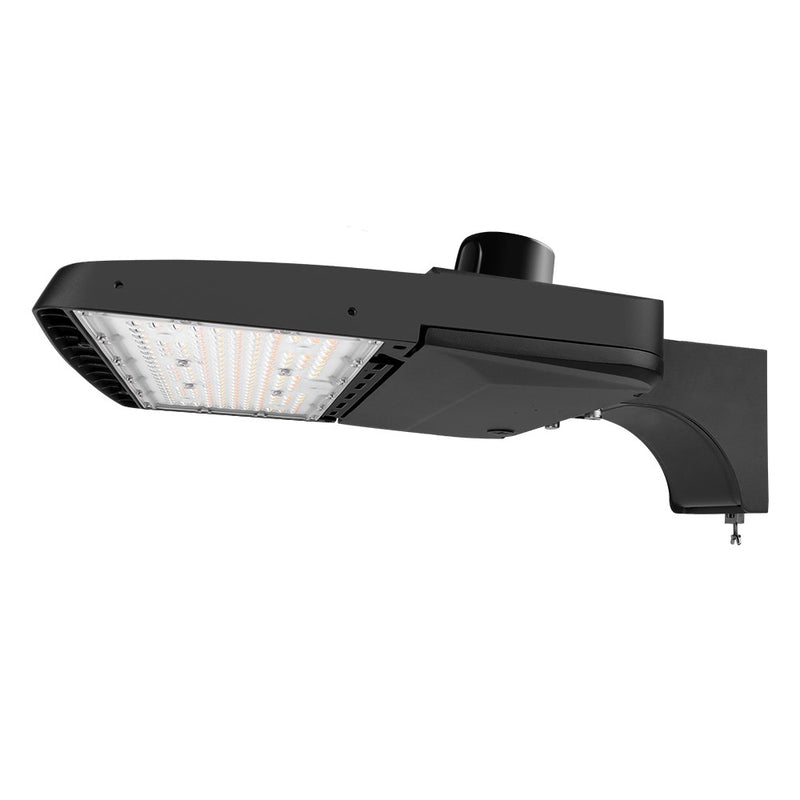 Konlite Vela I LED Black Parking Lot Light with extrusion arm and photocell