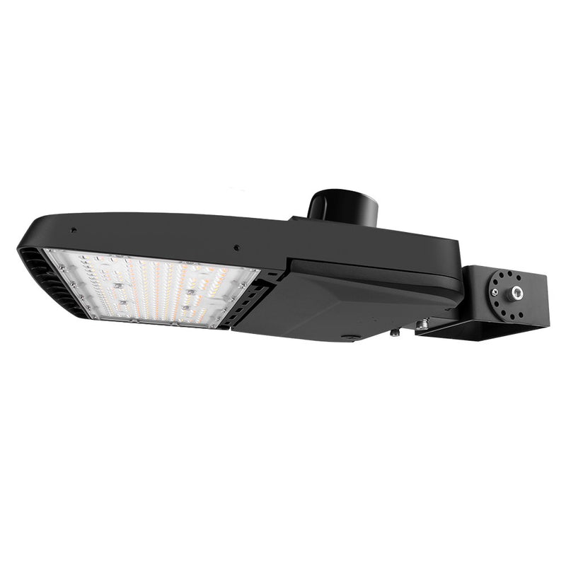 Konlite Vela I LED Black Parking Lot Light with yoke mount and photocell