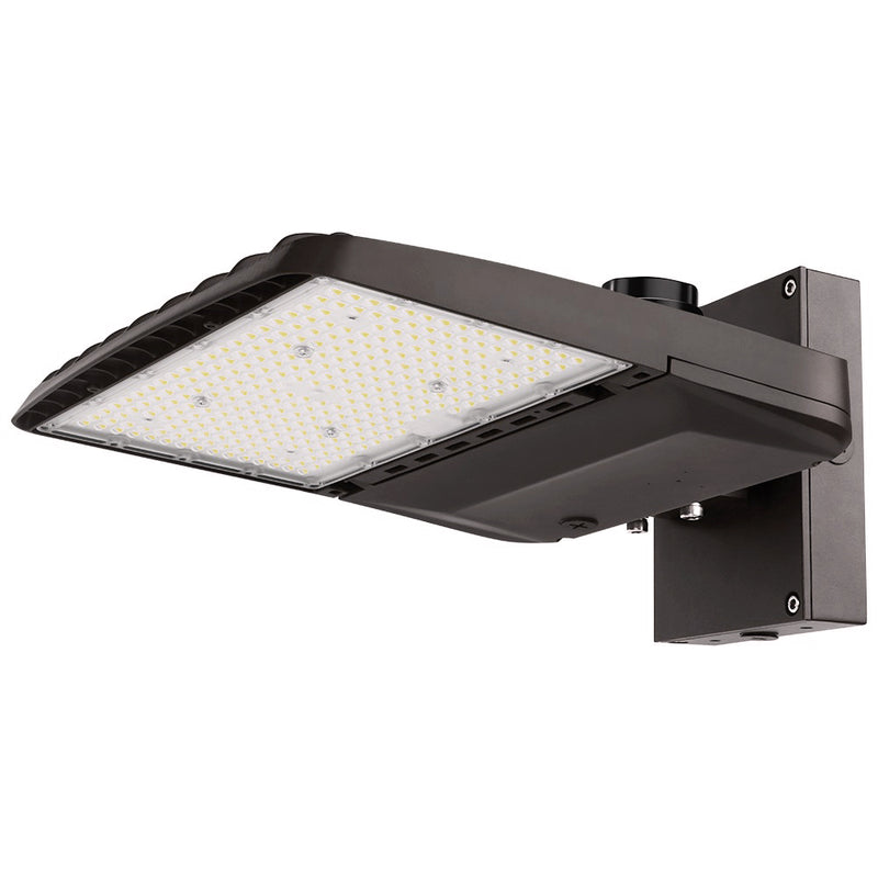 Konlite Vela wattage selectable led parking lot light with wall mount arm