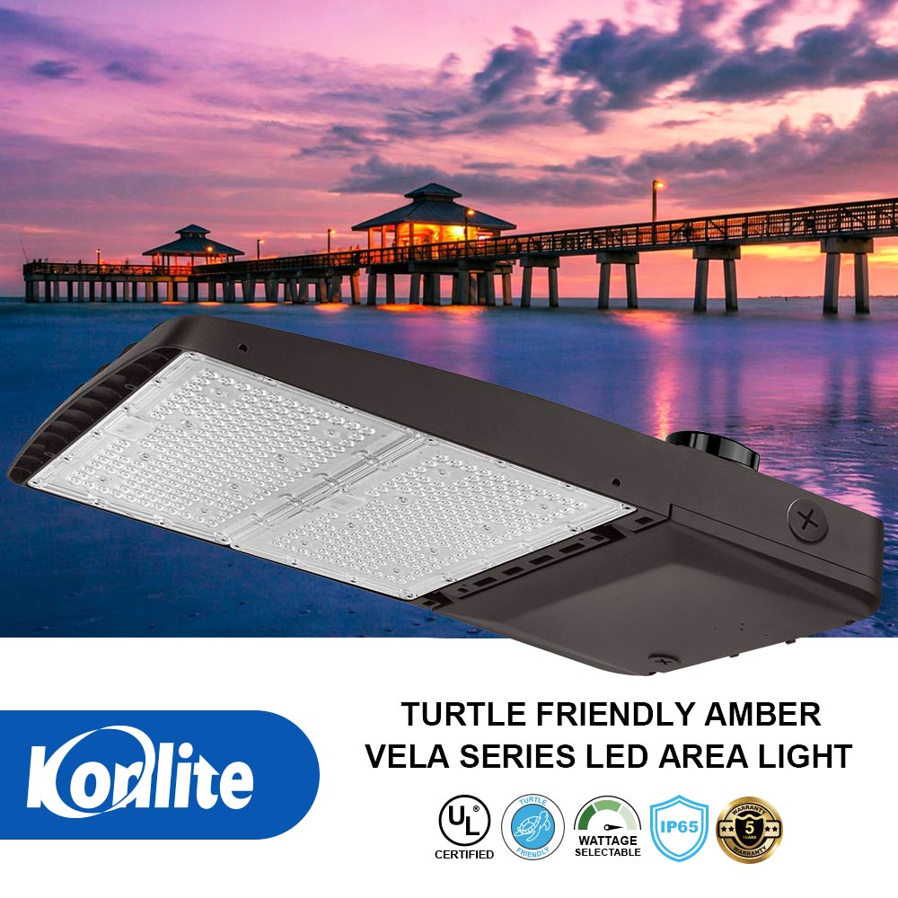 Features and certifications for Konlite Vela Turtle Friendly Amber LED Area Light.
