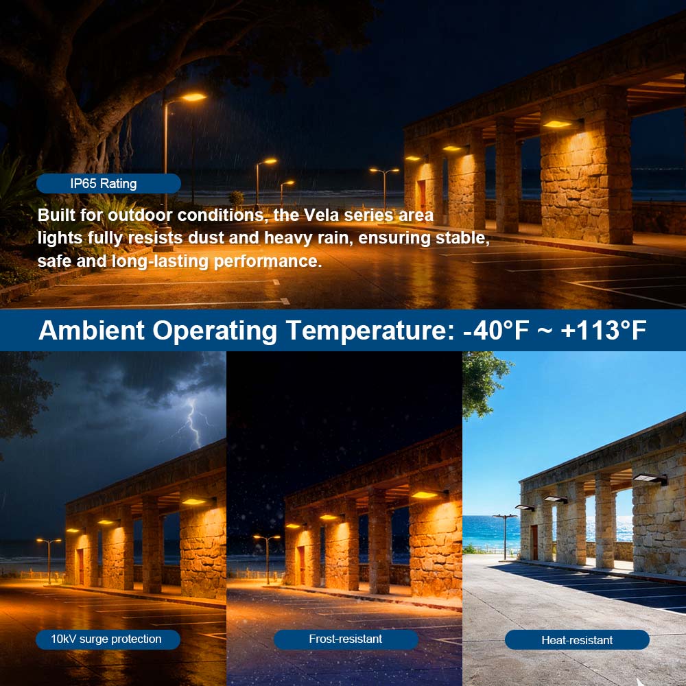 Konlite Vela Turtle Friendly Amber LED Area lights in various outdoor conditions with highlighted weather-resistant features.