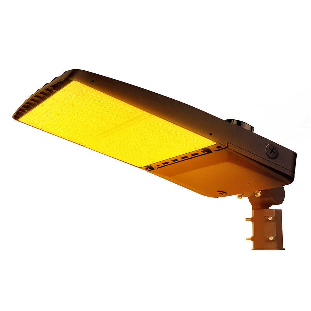Vela Amber LED Area Light in Dark Bronze with slipfitter and Shorting Cap.