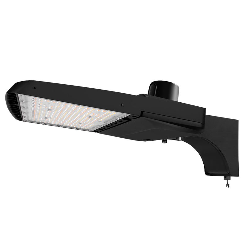 Konlite Vela wattage selectable led parking lot light with pole mount arm and photocell