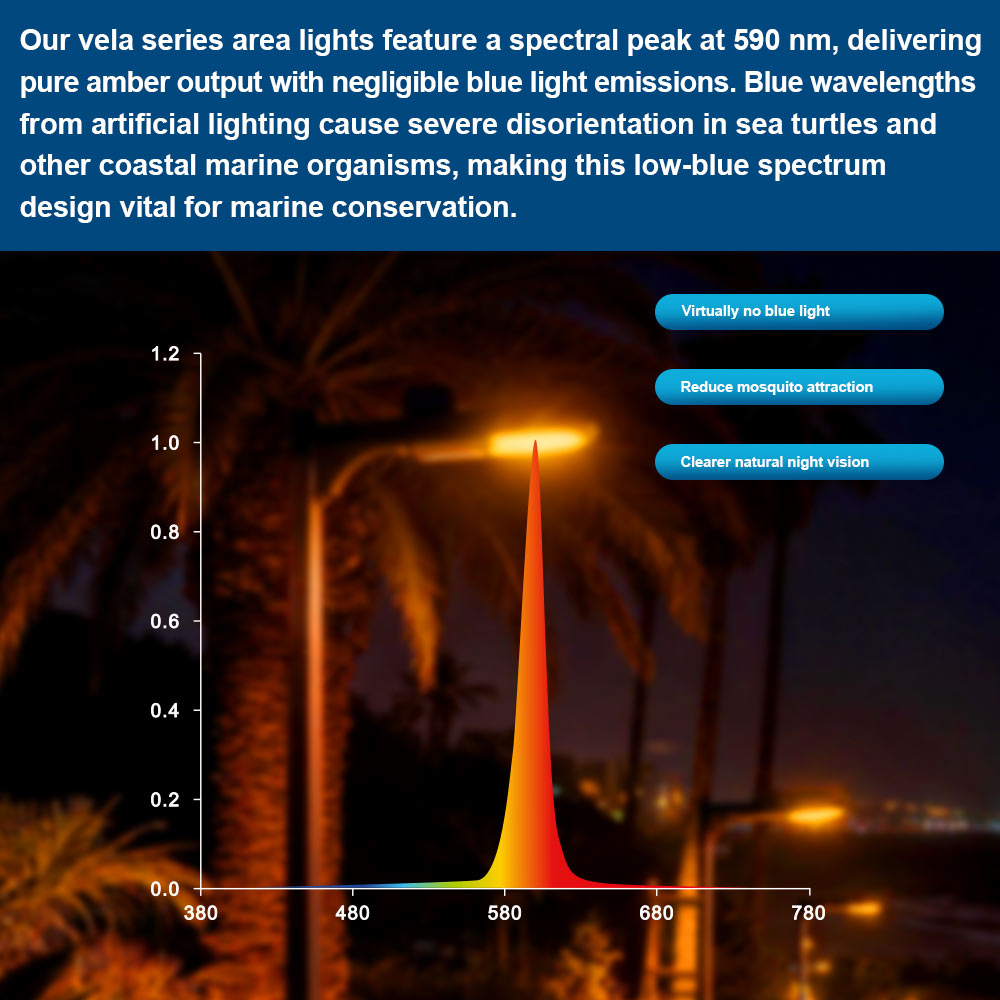 Graph of light emissions for different wavelengths showing the true amber 590nm LED light and explanation of benefits
