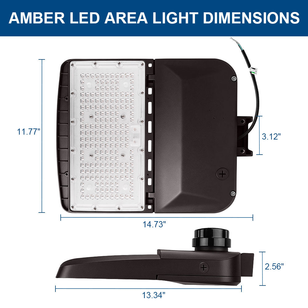 Side and bottom view of the Vela Amber LED Area Light with labeled dimensions.