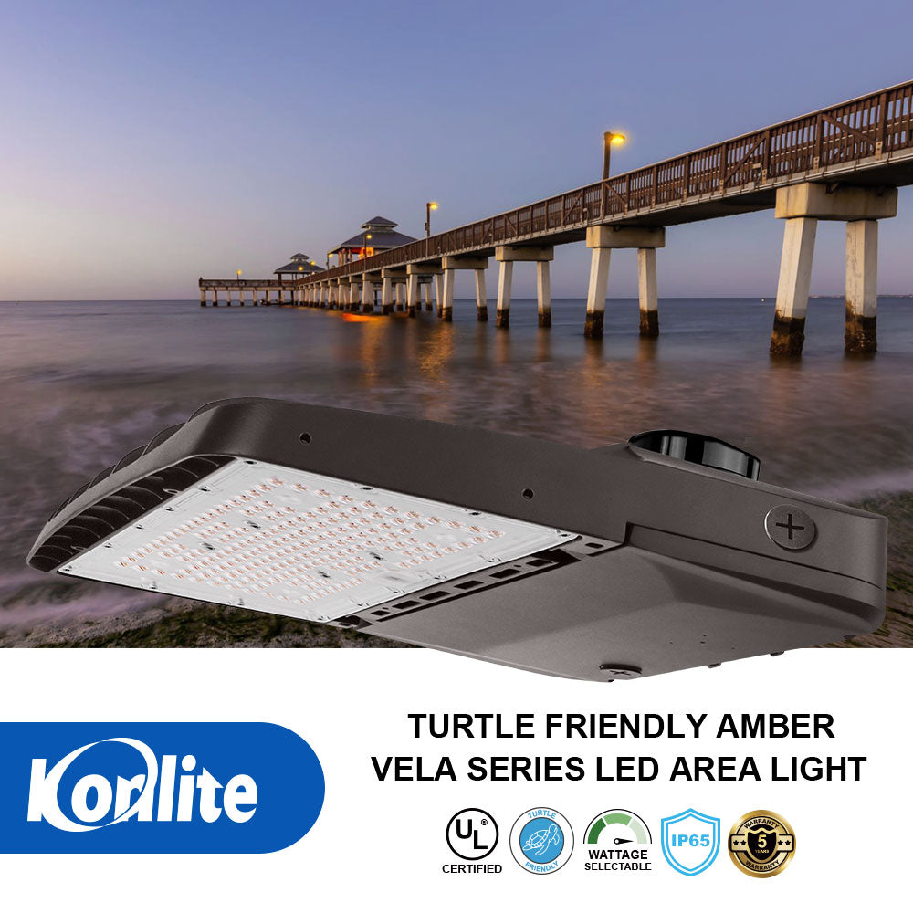 Features and certifications for Konlite Vela Turtle Friendly Amber LED Area Light.