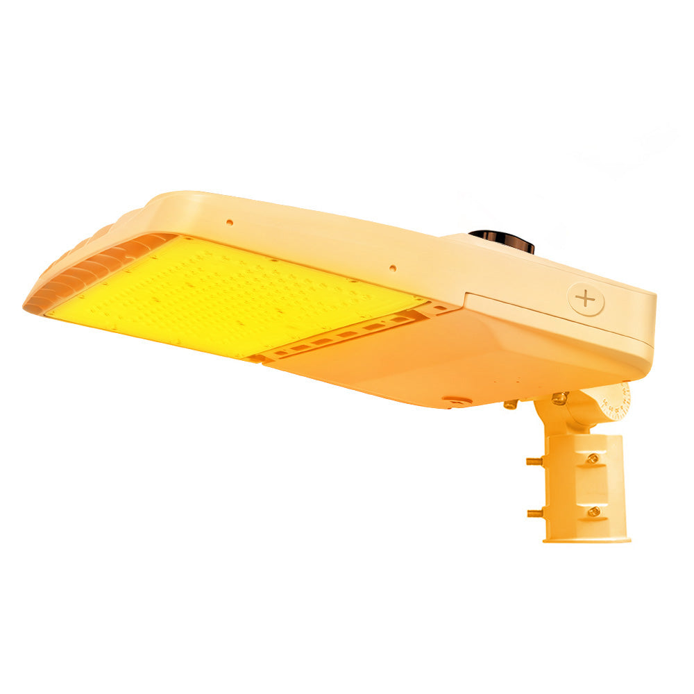 Vela Amber LED Area Light in white with slipfitter and shorting cap
