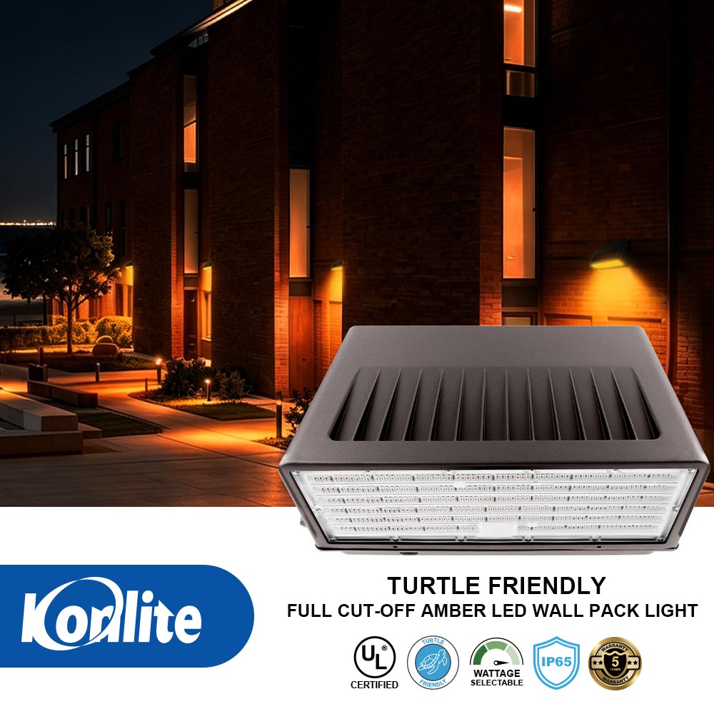 The features and certifications for the KWPD series Turtle Friendly Amber LED Wall Pack Lights.