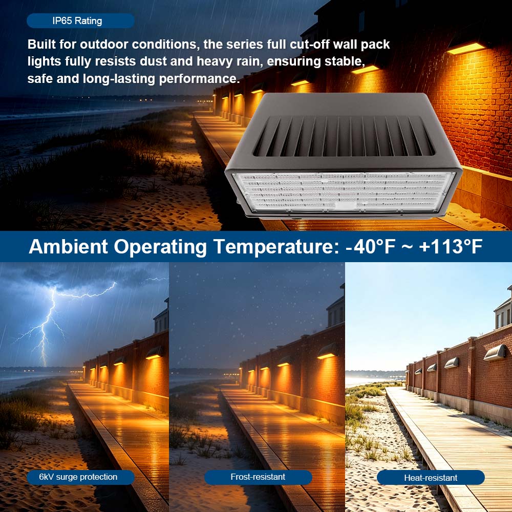 Weather-resistant design features for Konlite KWPD Turtle Friendly Amber LED Full Cutoff Wall Pack Light, including IP65 rating, 6kV surge protection, frost-resistance, and heat-resistance.