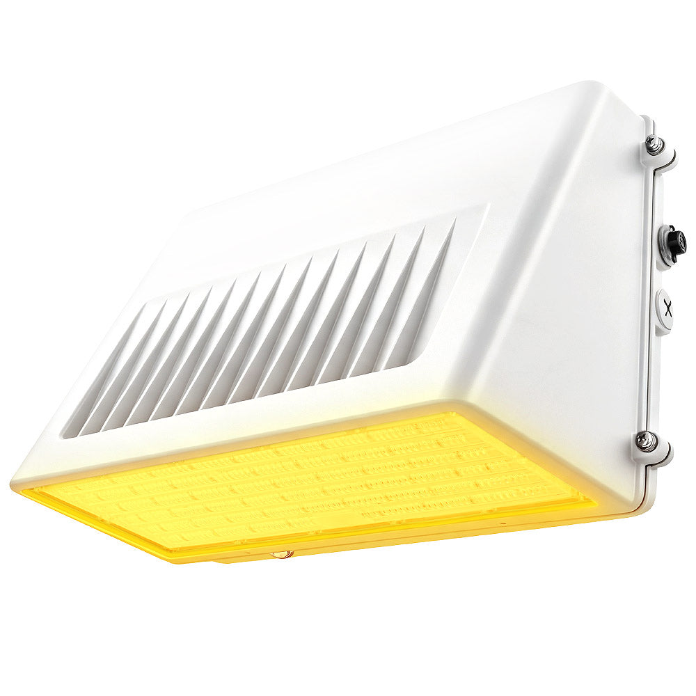 Konlite KWPD Turtle Friendly Amber LED Wall Pack Light in white finish with test button for emergency backup battery