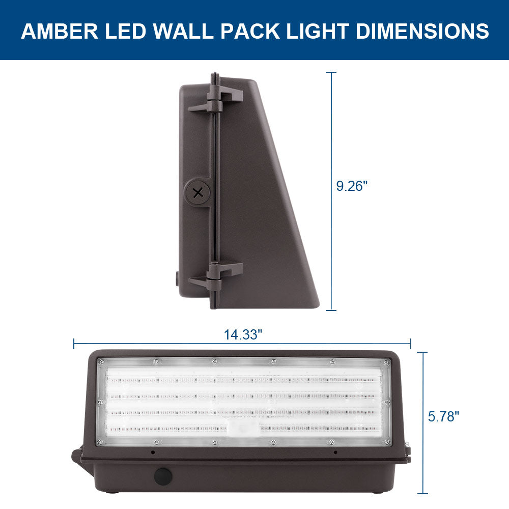 Side and bottom view of Konlite KWPD Turtle Friendly Amber LED Full Cutoff Wall Pack Light with labeled dimensions.