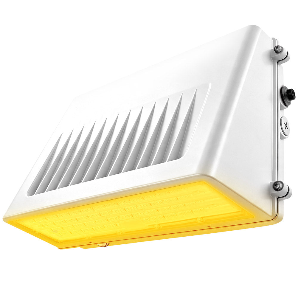 Konlite KWPD Turtle Friendly Amber LED Wall Pack Light in white finish with test button for emergency backup battery