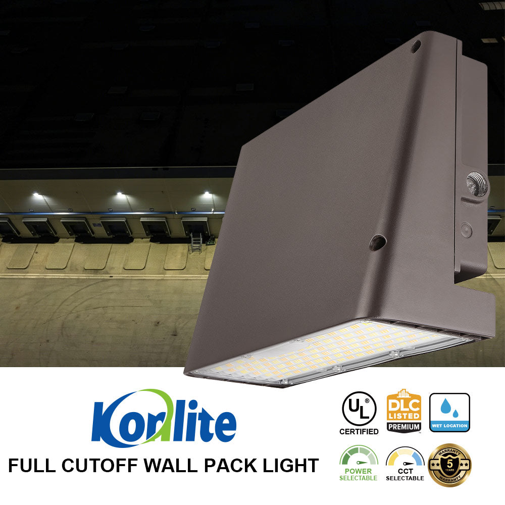 Korlite full cutoff wall pack light with certification logos on a dark background