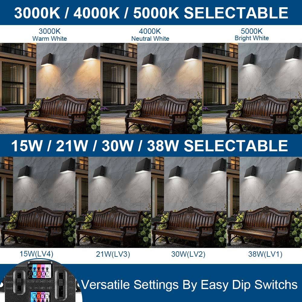 Comparison of light color temperature and power settings on a wall-mounted light fixture.
