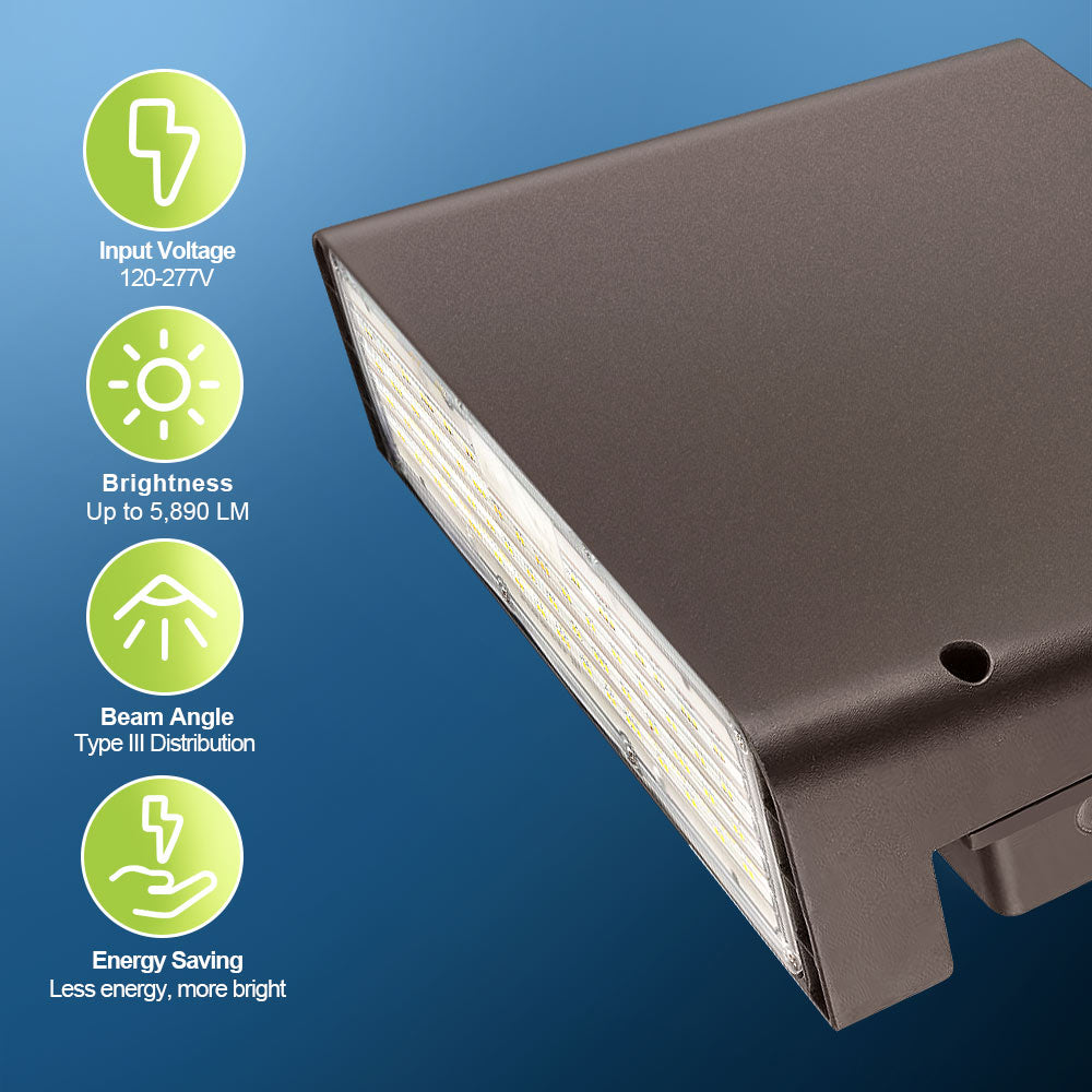 LED light fixture with specifications on a blue background