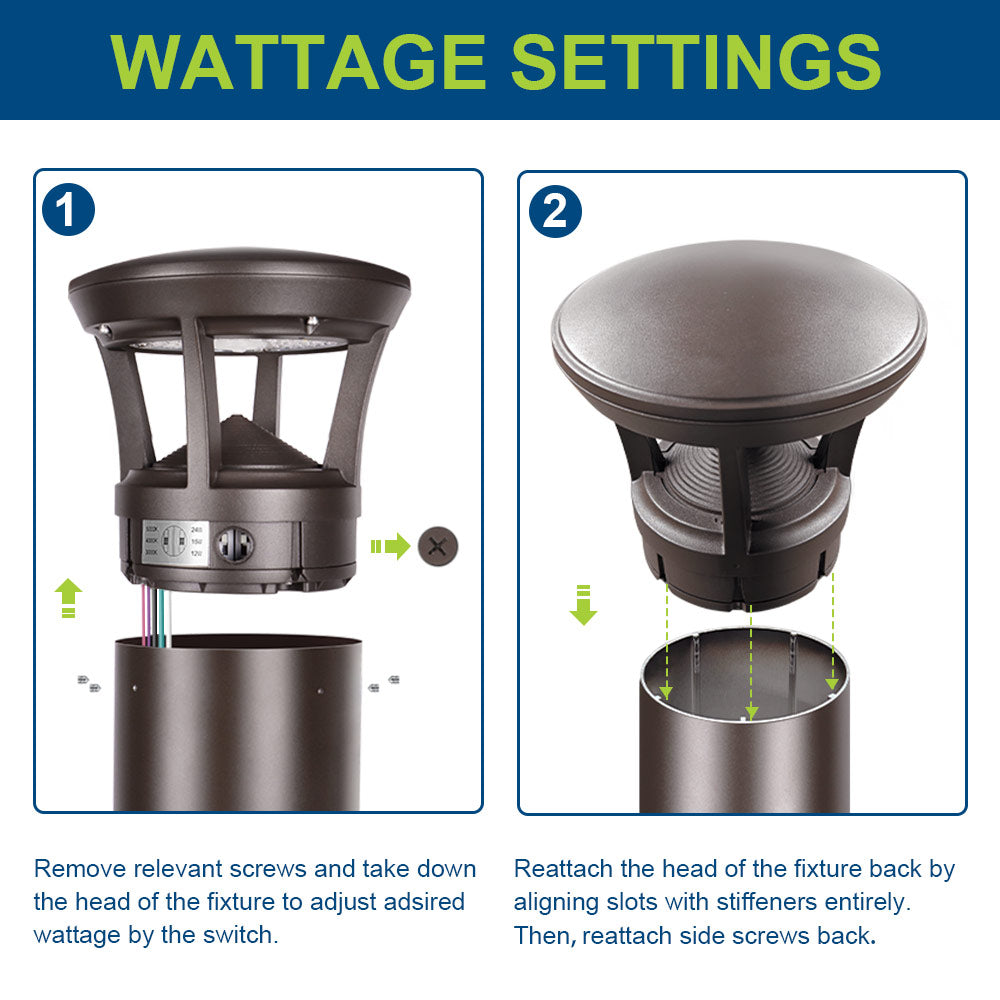 Guide for adjusting wattage settings for Konlite Atria Turtle Friendly LED 2ft Dark Bronze Bollard Light