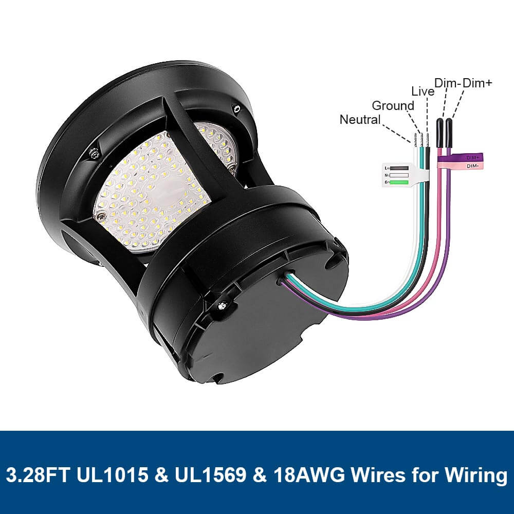 LED light fixture with wiring diagram and color-coded wires