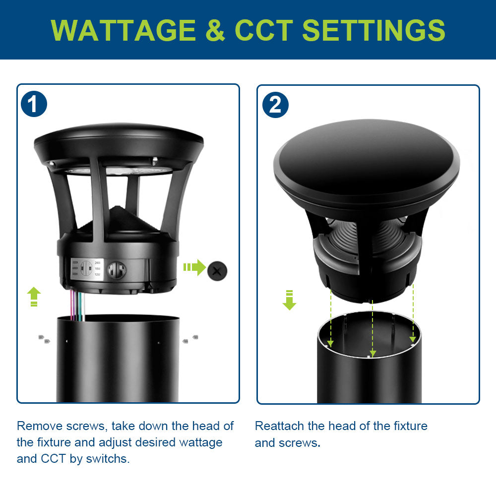 Instructions for adjusting wattage and CCT settings on a light fixture with labeled steps.
