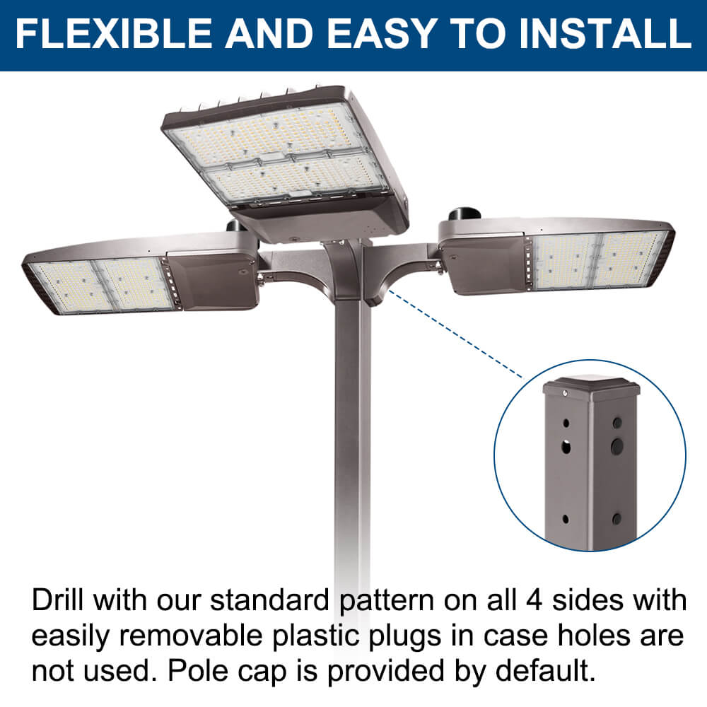 Street light pole with multiple lights and text highlighting flexibility and ease of installation.