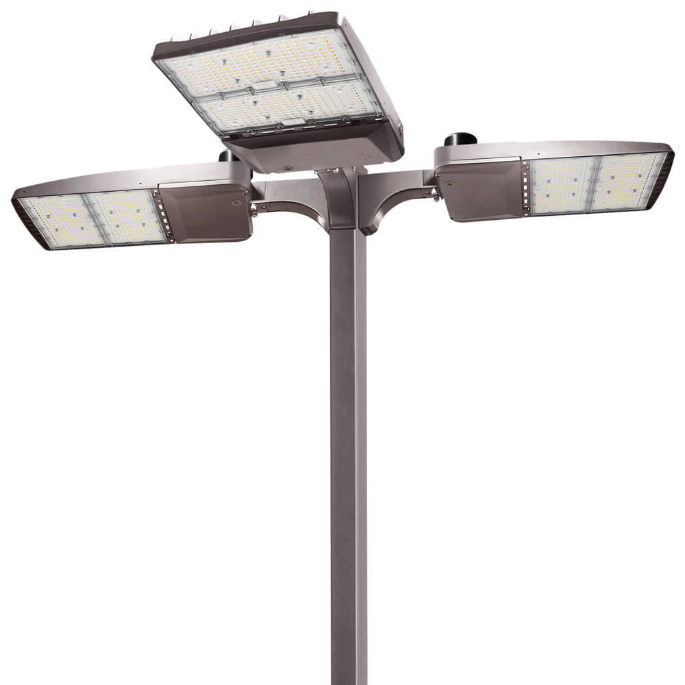 Street light pole with multiple light fixtures on a white background