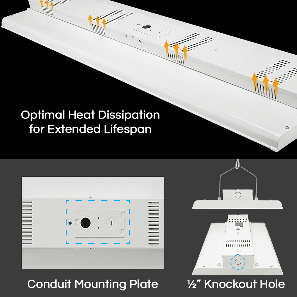 Linear Bay Light Features (Heat Dissipation, Conduit Mount Compatible, & 1/2 Knockout Hole)