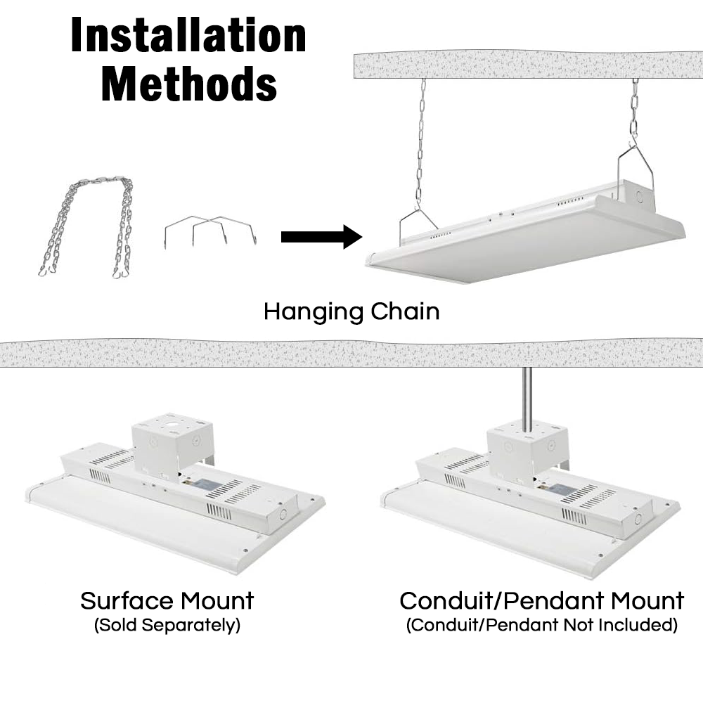 3 Installation Methods for Linear Bay Lights (Hanging Chain, Surface Mount, & Conduit/Pendant Mount)