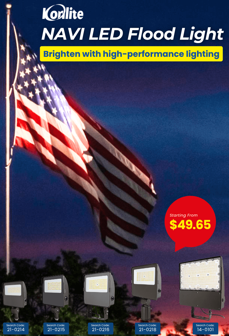 Korlite NAVI LED Flood Light advertisement with American flag and pricing information.
