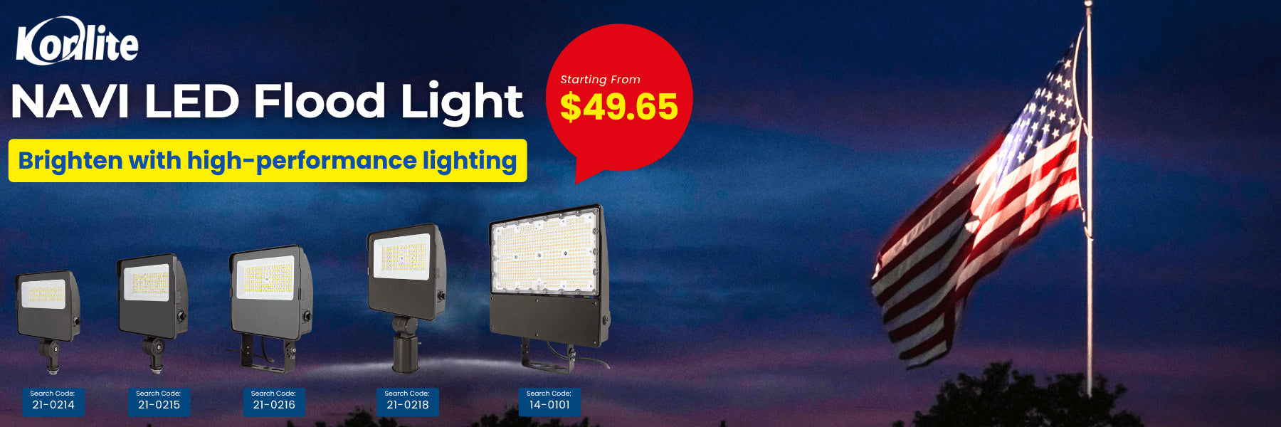 Korlite Navi LED Flood Light advertisement with price and features on a dark blue background.
