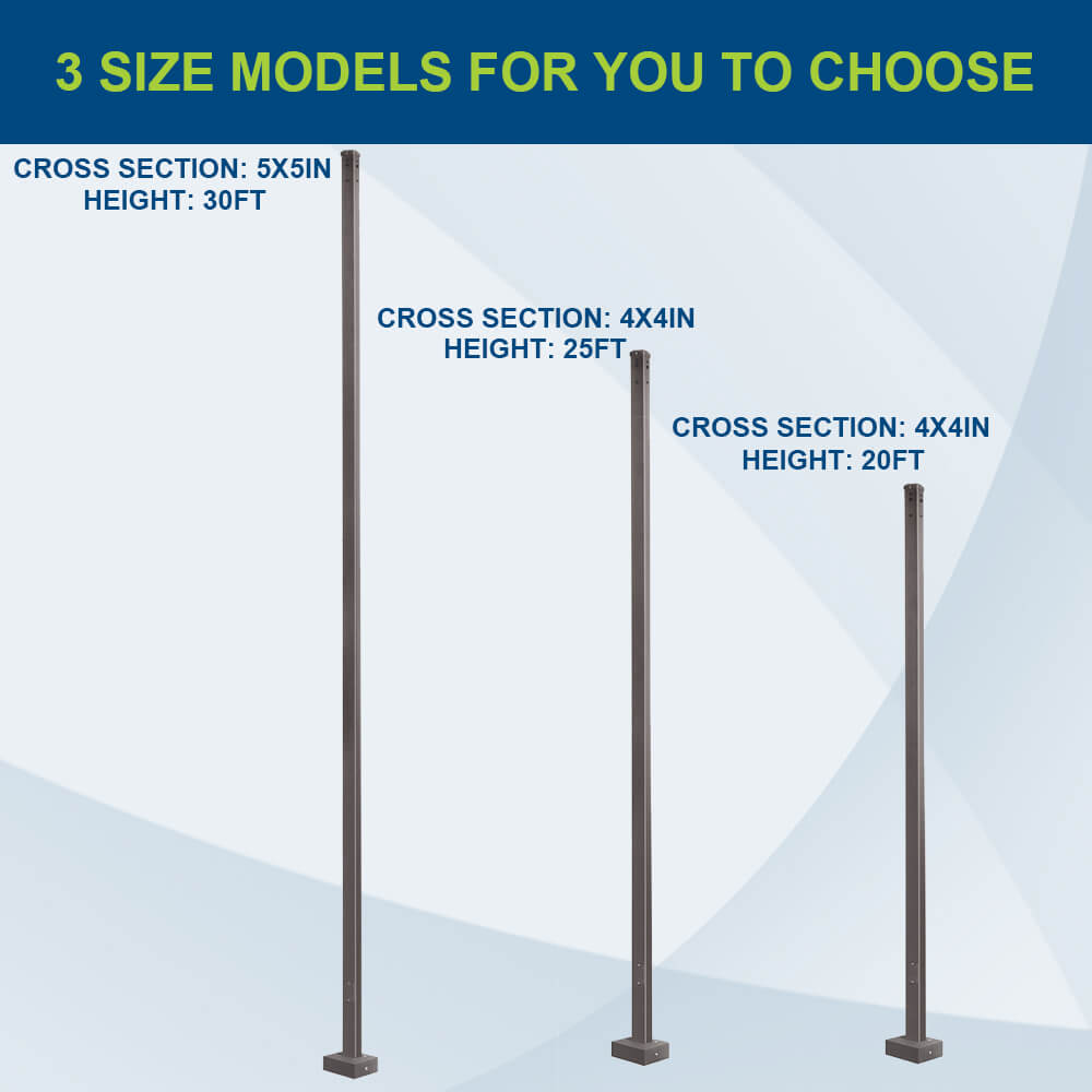 Three size models of a pole structure with cross-sectional dimensions.
