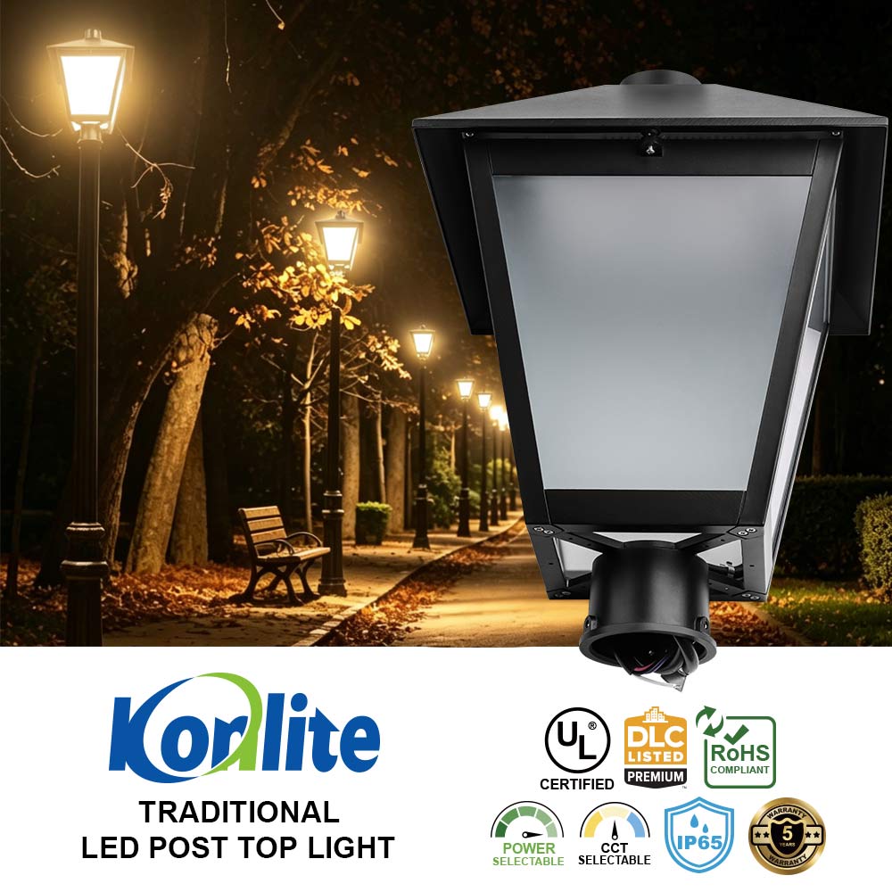 Koralite traditional LED post top light with certification logos against a nighttime outdoor setting.