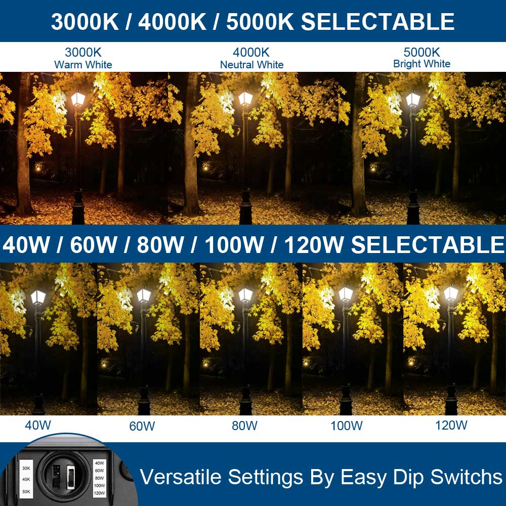 Comparison of light color temperature (3000K, 4000K, 5000K) and power rating (40W, 60W, 80W, 100W, 120W) on a 120W Konlite LED Lantern Post Top Light in a forest setting.