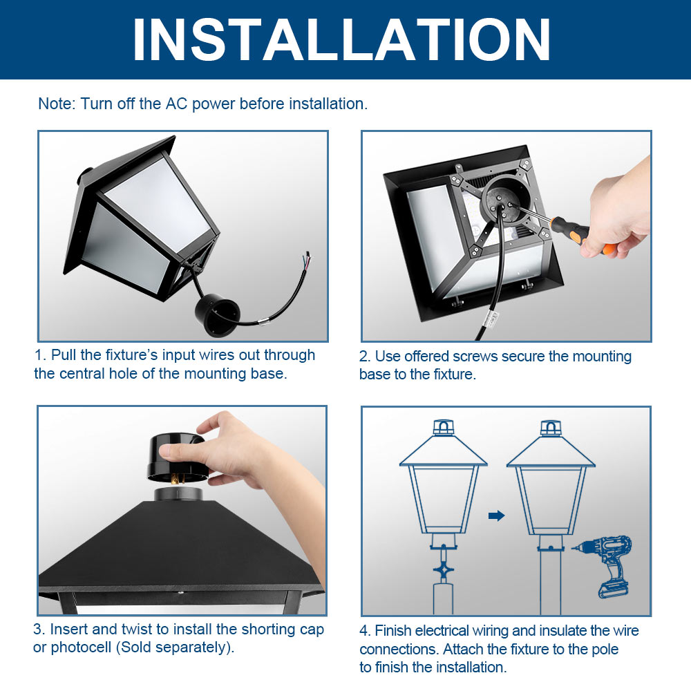 Konlite PT02 LED Lantern Post Top Light installation Guides 