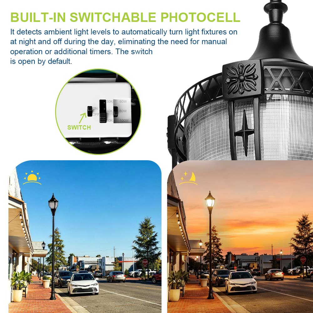 100w KONLITE Acorn LED Post Top Light with switchable photocell feature, outdoor street scene, and sunset.