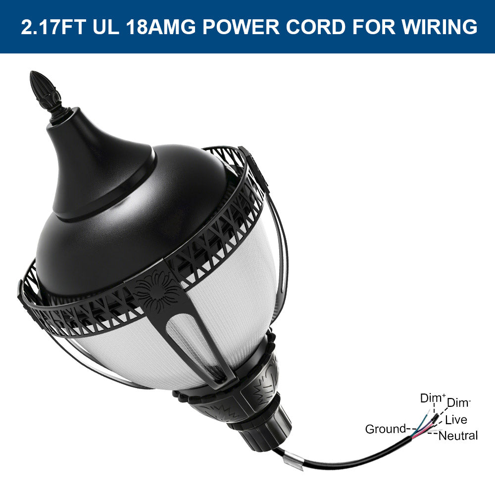 KONLITE Acorn LED Post Top Light - 7,000 lumens - 60W/50W/20W - 5000K/4000K/3000K - 120-277V - 250W Equal - Black Finish