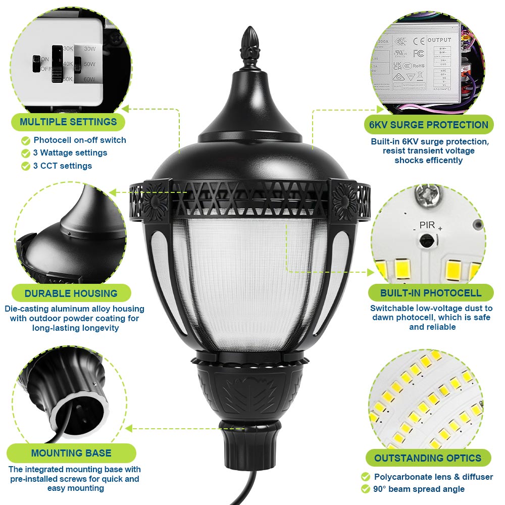 KONLITE Acorn LED Post Top Light - 7,000 lumens - 60W/50W/20W - 5000K/4000K/3000K - 120-277V - 250W Equal - Black Finish