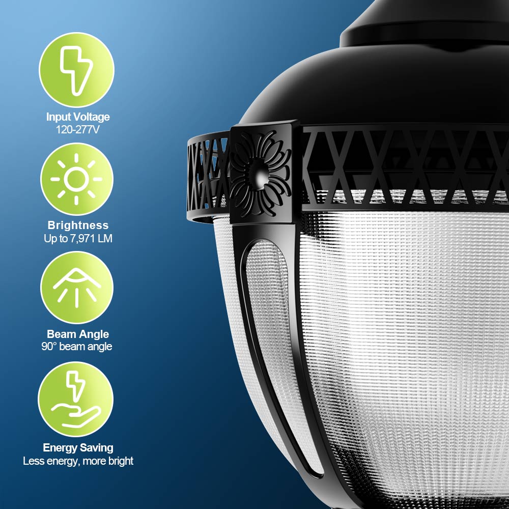 KONLITE Acorn LED Post Top Light - 7,000 lumens - 60W/50W/20W - 5000K/4000K/3000K - 120-277V - 250W Equal - Black Finish