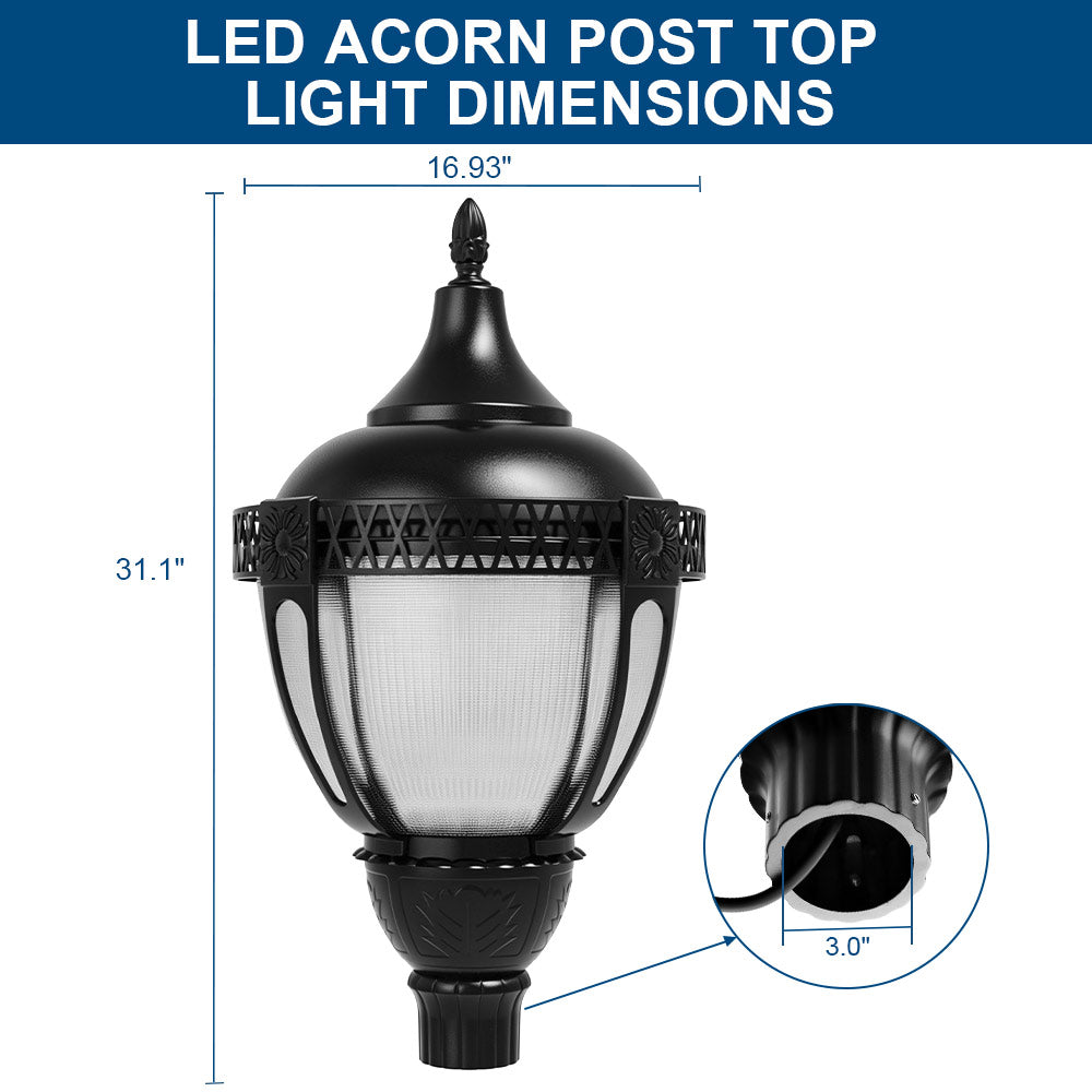 KONLITE Acorn LED Post Top Light - 7,000 lumens - 60W/50W/20W - 5000K/4000K/3000K - 120-277V - 250W Equal - Black Finish