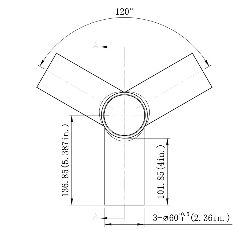Triple Spoke 120° Tenon Adapter Dimensions