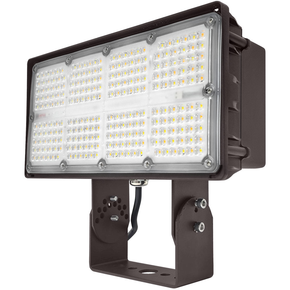  Konlite 100w LED floodlight with a dark brown metal housing and Yoke mounting bracket, featuring a clear lens and numerous visible LED chips
