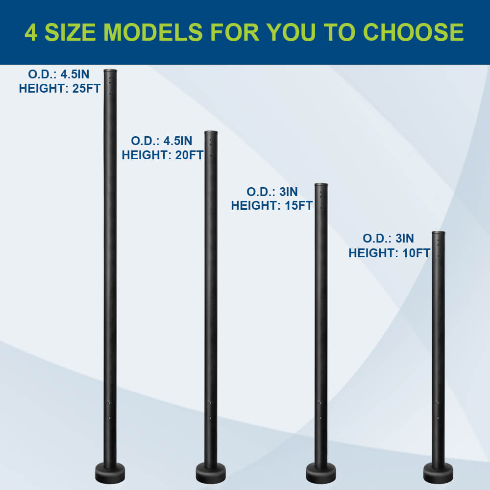 Four black light poles with labeled dimensions on a blue and white background