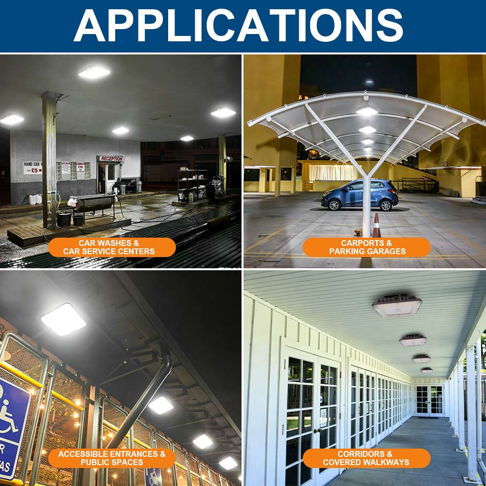 Konlite CP7 Series LED Canopy Light Fixture installed in various applications