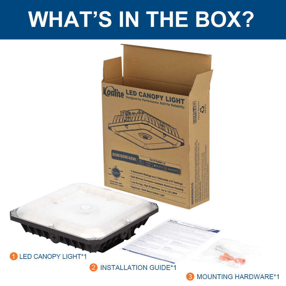 Labelled contents of the box for the Konlite CP7 Series LED Canopy Light Fixture 