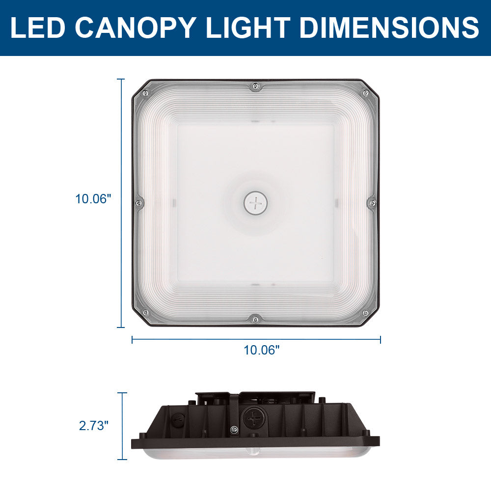 Side and bottom view of Konlite CP7 Series LED Canopy Light Fixture with labeled dimensions.