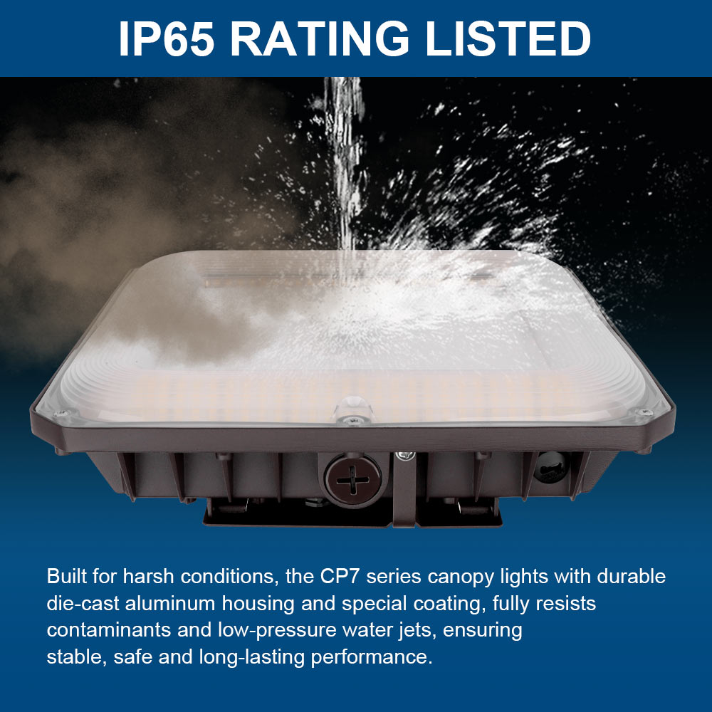 A visual showing the dustproofness and water-resistance of the Konlite CP7 Series LED Canopy Light Fixture