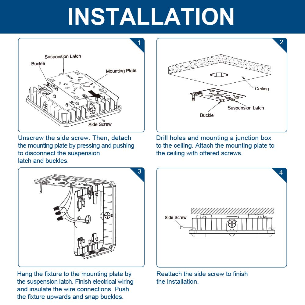 Step-by-step installation guide for Konlite CP7 Series LED Canopy Light Fixture.