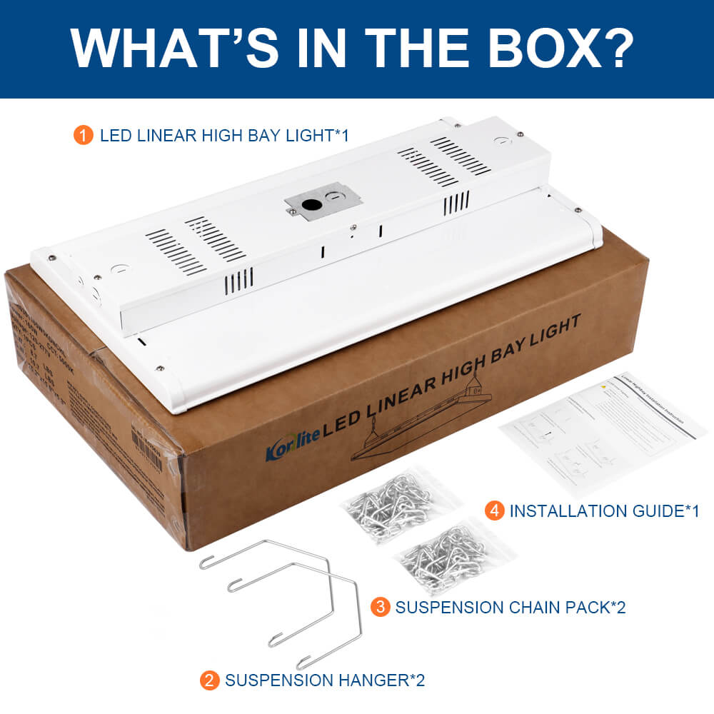 LED linear high bay light packaging with components displayed
