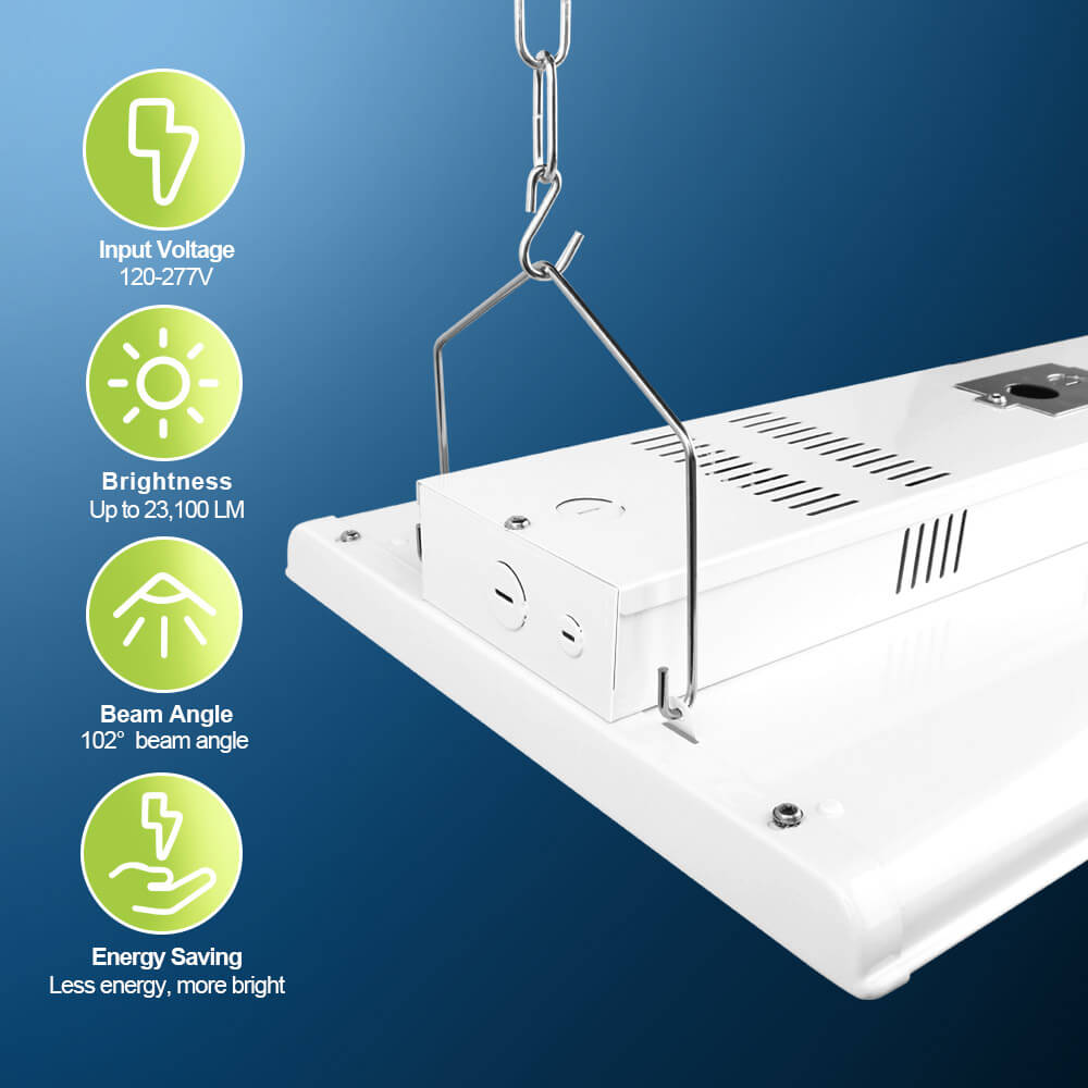 LED light fixture with specifications on a blue background