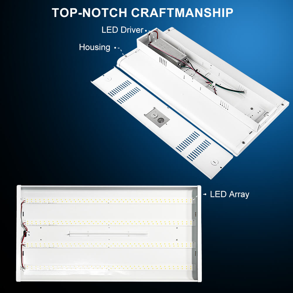 Diagram of LED light fixture components with text on a blue background