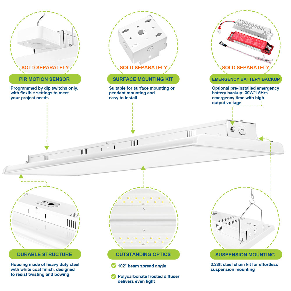 5000k 225W led linear highbay with product features 