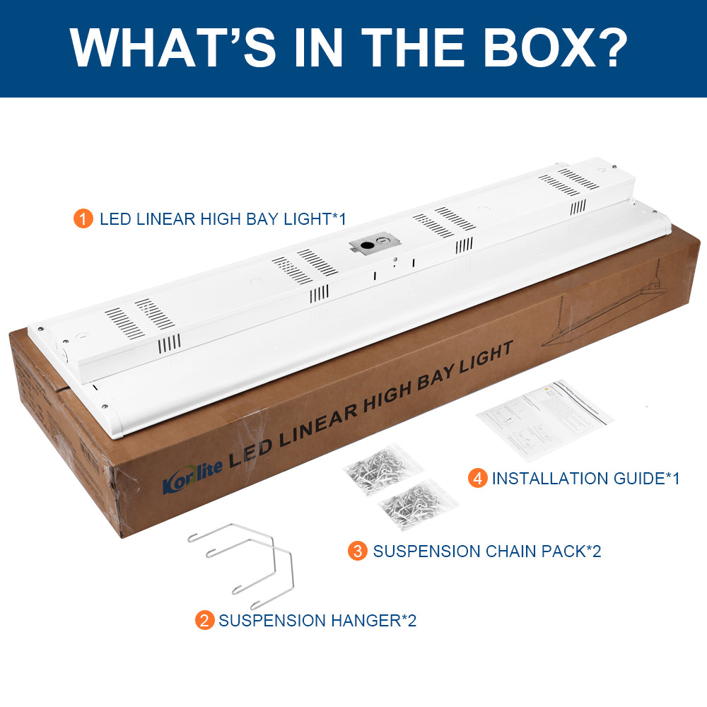 Korlite LED Linear High Bay Light packaging with contents listed on a white background